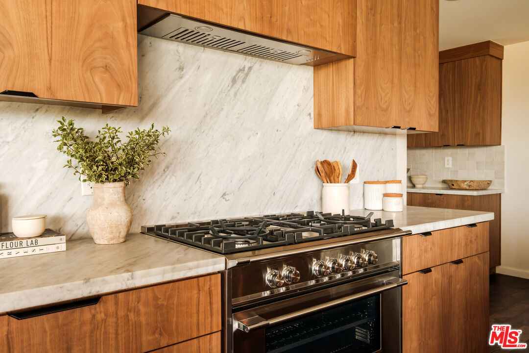 Close view of the marble backsplash and professional range